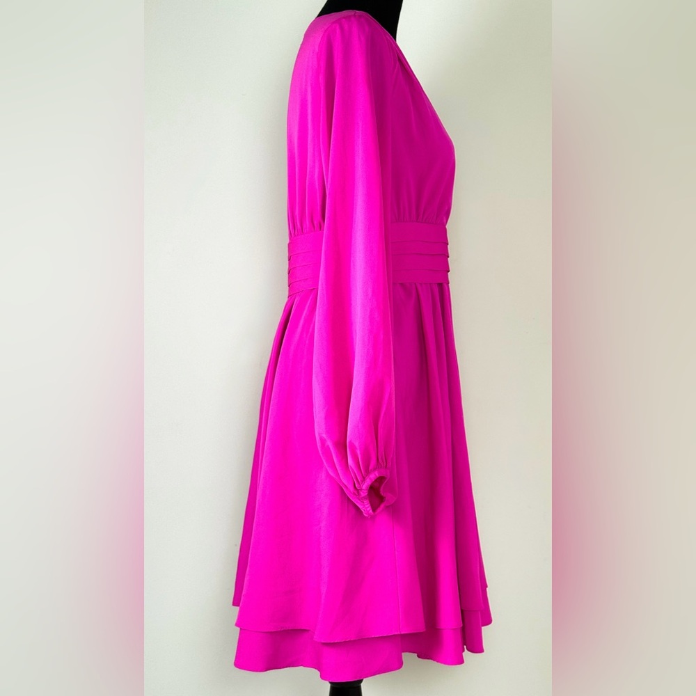 Eliza J Hot Pink Fuschia Long Sleeve Fit & Flare V-Neck Dress-Small - Picture 3 of 10